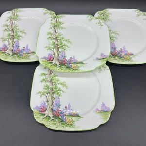 Royal Albert Greenwood Tree 6.75" Square Dessert Plates(4) Green trim